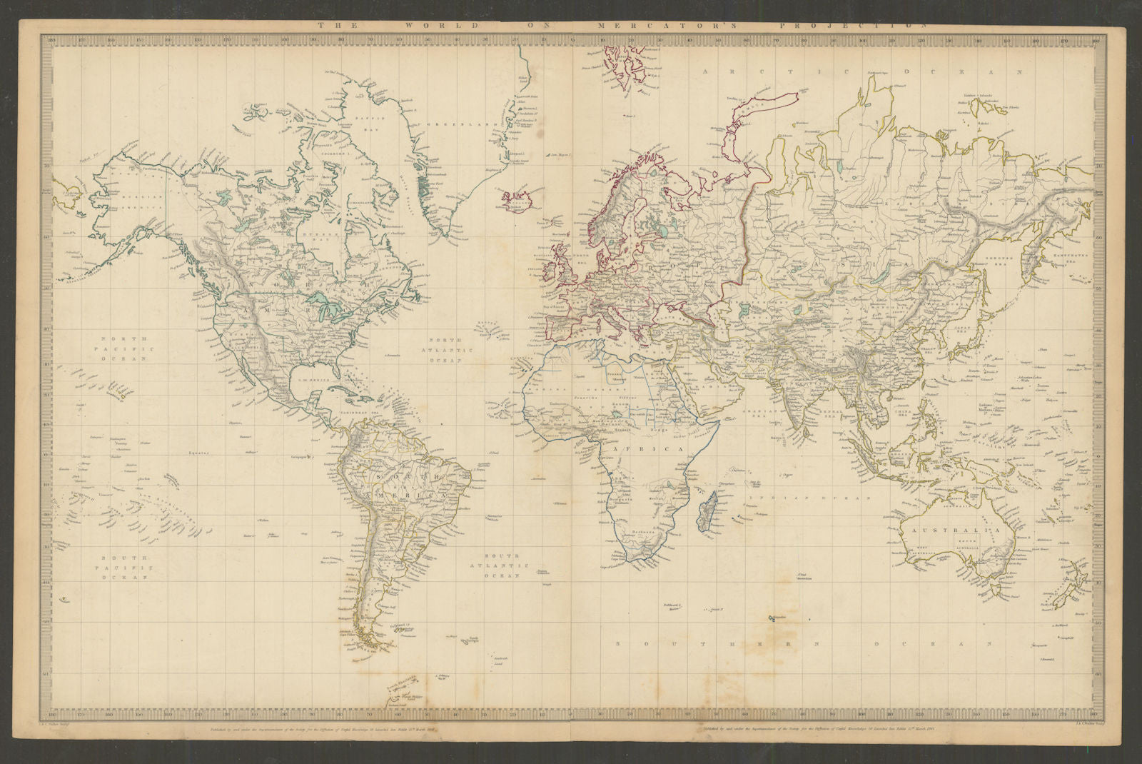 WORLD ON MERCATOR'S PROJECTION. Pre-Mexican-American war. SDUK 1844 old map